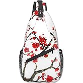 LOSTORCHI Cherry Blossom Crossbody Sling Bag for Women Men Classical Asian Plum Blossom Watercolor Ink Painting Travel Sling Backpack Casual Chest Shoulder Bag Japanese Floral Print Hiking Daypack