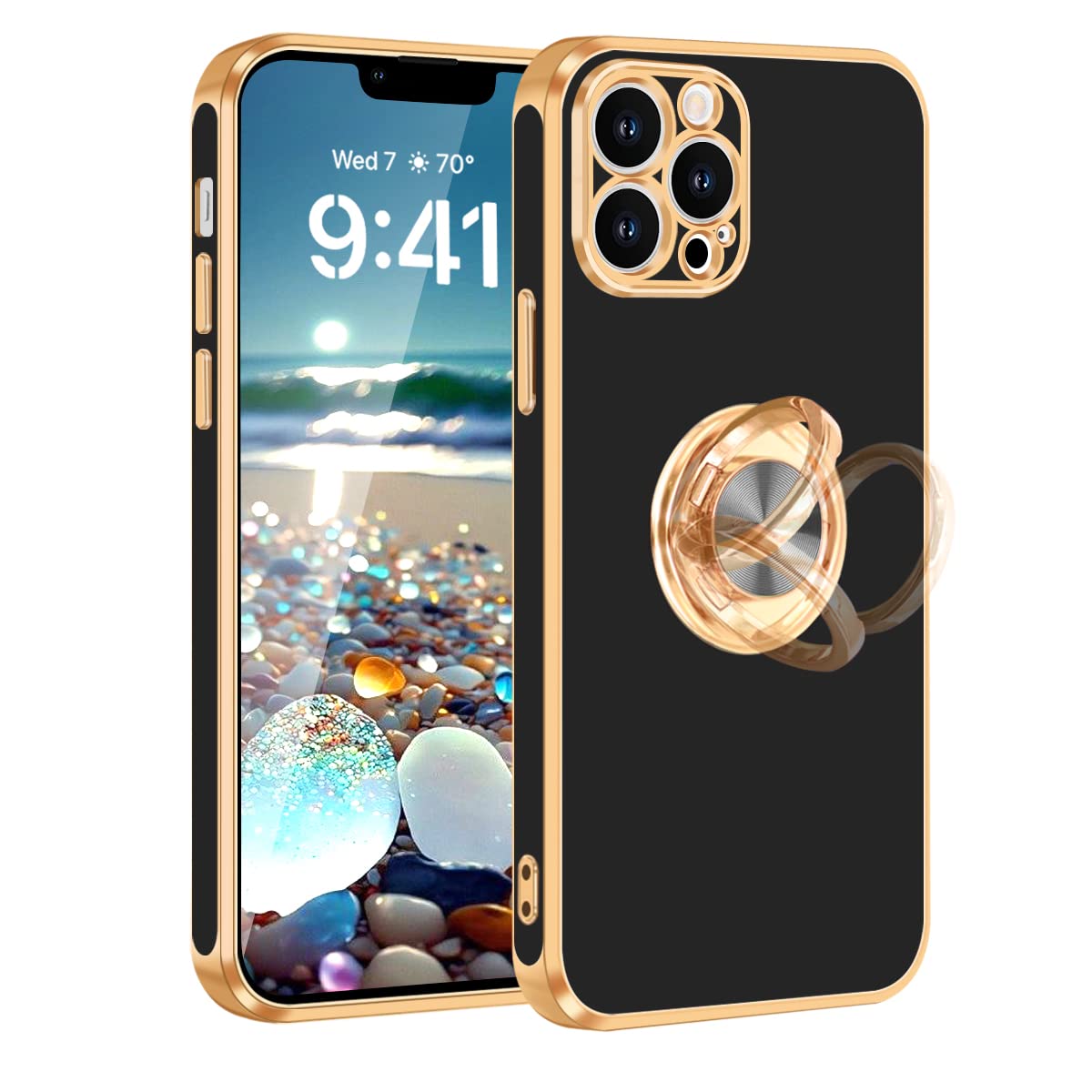 Photo 1 of Fingic for iPhone 13 Pro Max Case,for iPhone 13 Pro Max Case with Ring Stand Holder,360°Rotatable Magnetic Stand Shiny Plating Gold Edge Slim Soft TPU Shockproof Protective Case for Women Men,Black