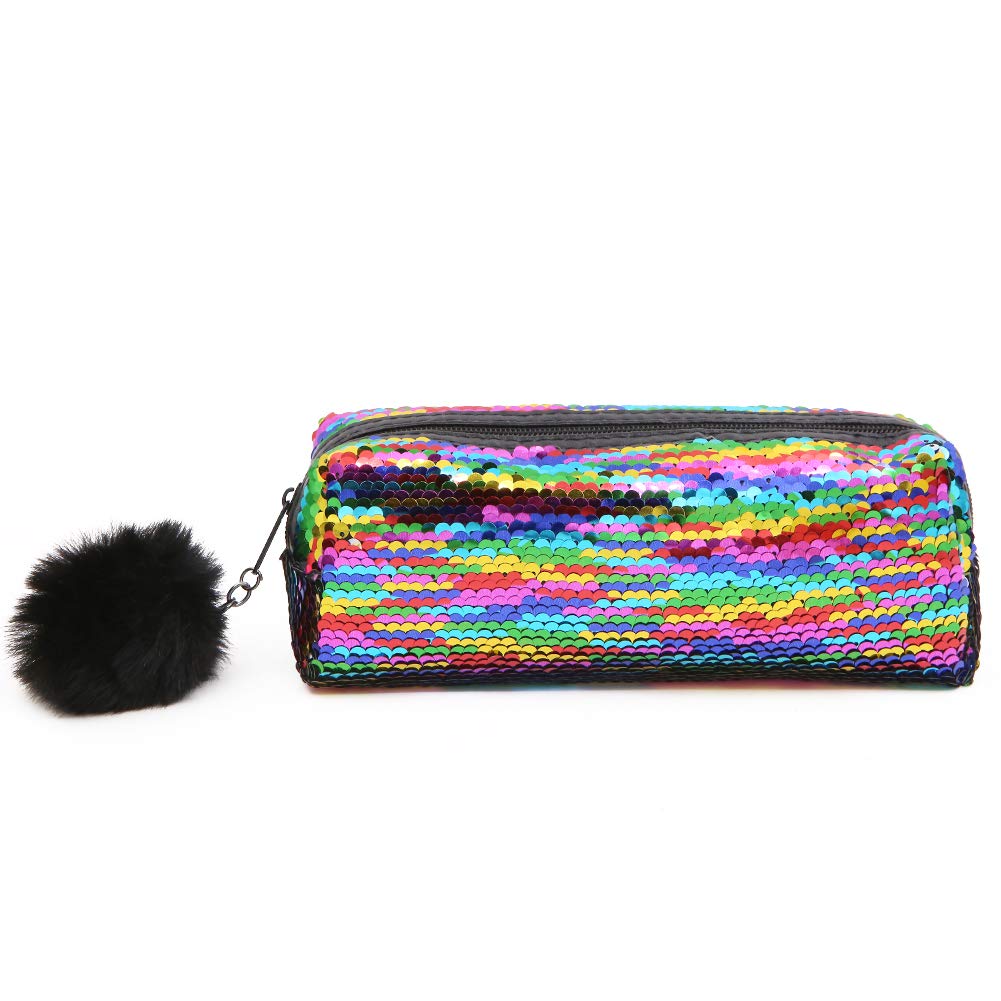 Winterworm Large Rainbow Reversible Sequin Pencil Case School Glitter Make Up Bag Pouch (Colorful Rainbow)