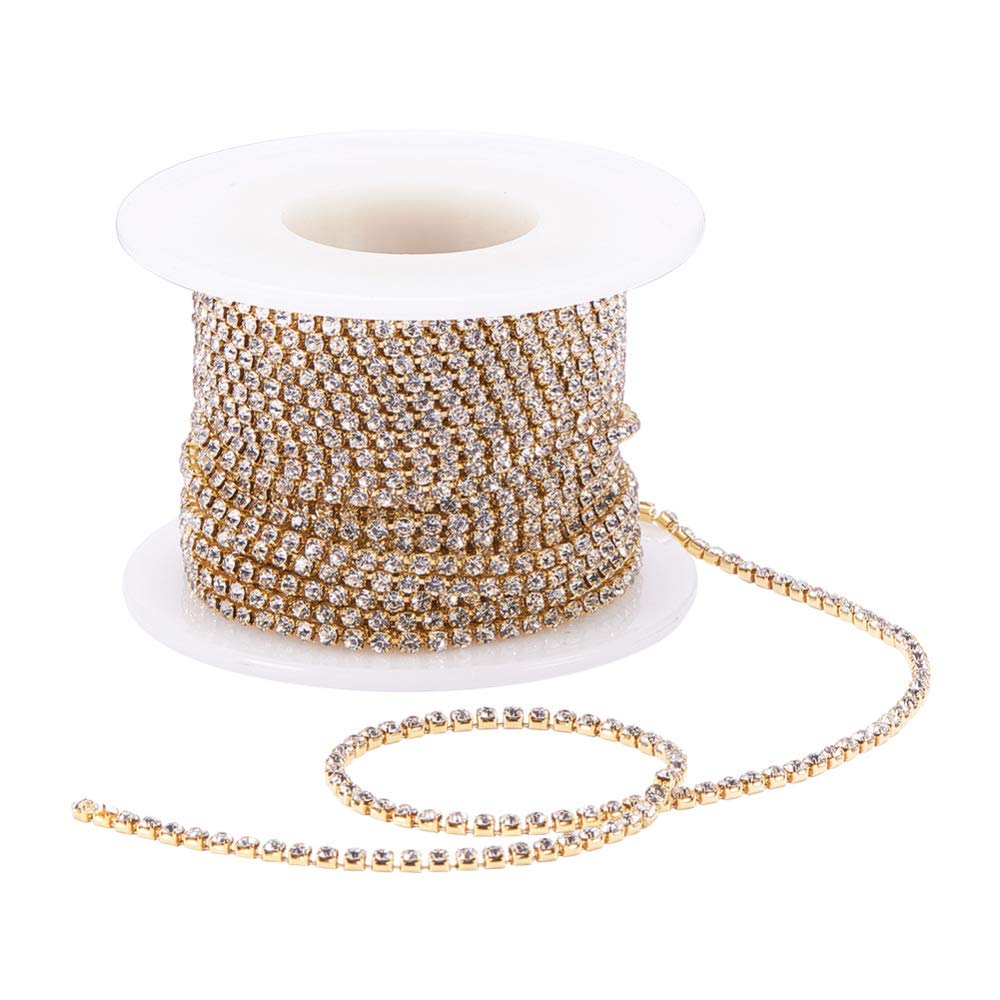 PandaHall 10 Yards/Roll Crystal Rhinestone Diamante Chain 2mm Golden Base Rhinestone Cup Chains with Spool for Jewelry Making