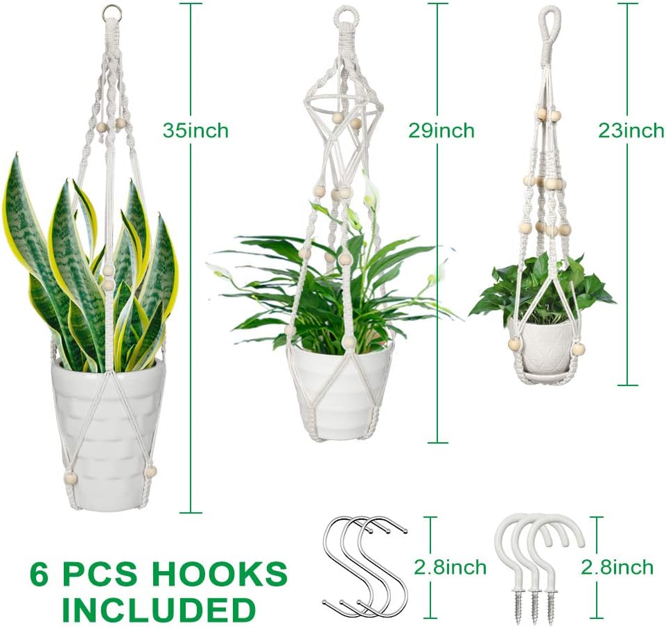 Virgooer 3 Pack Macrame Plant Hangers Indoor Hanging Planters with 6 Hooks, Handmade Cotton Rope Hanging Plant Holder with Beads for Boho Home Décor (3 Sizes, 4 Legs): Kitchen & Dining