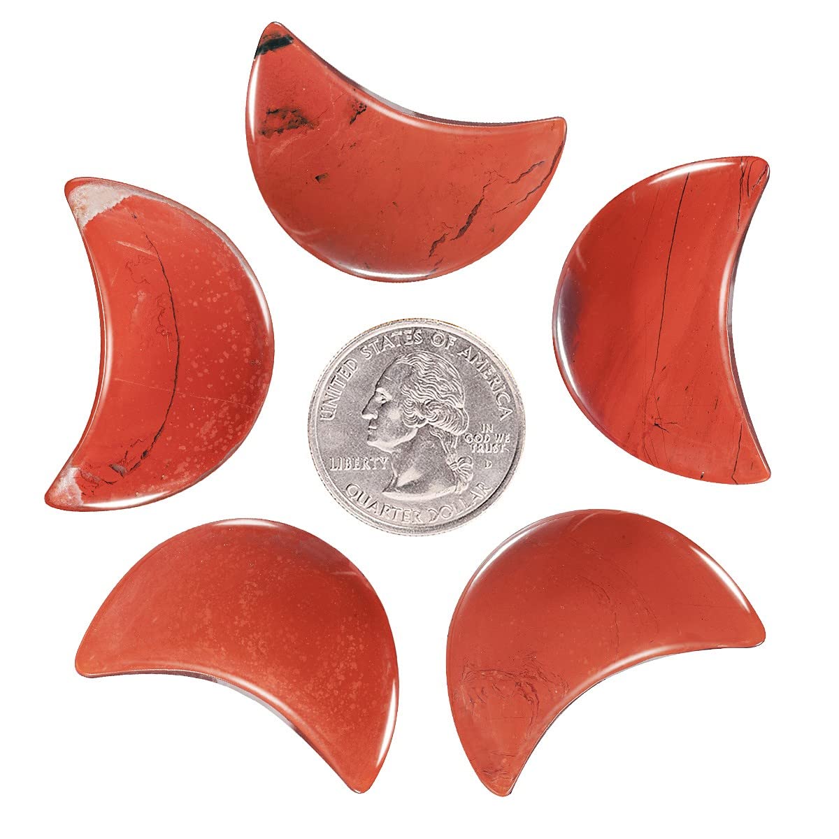 KYEYGWO 5pcs Hand Carved Half-Moon Palm Pocket Stones, Polished Crystal Stone Set for Home Office Decoration DIY or Jewelry Making, Red Jasper