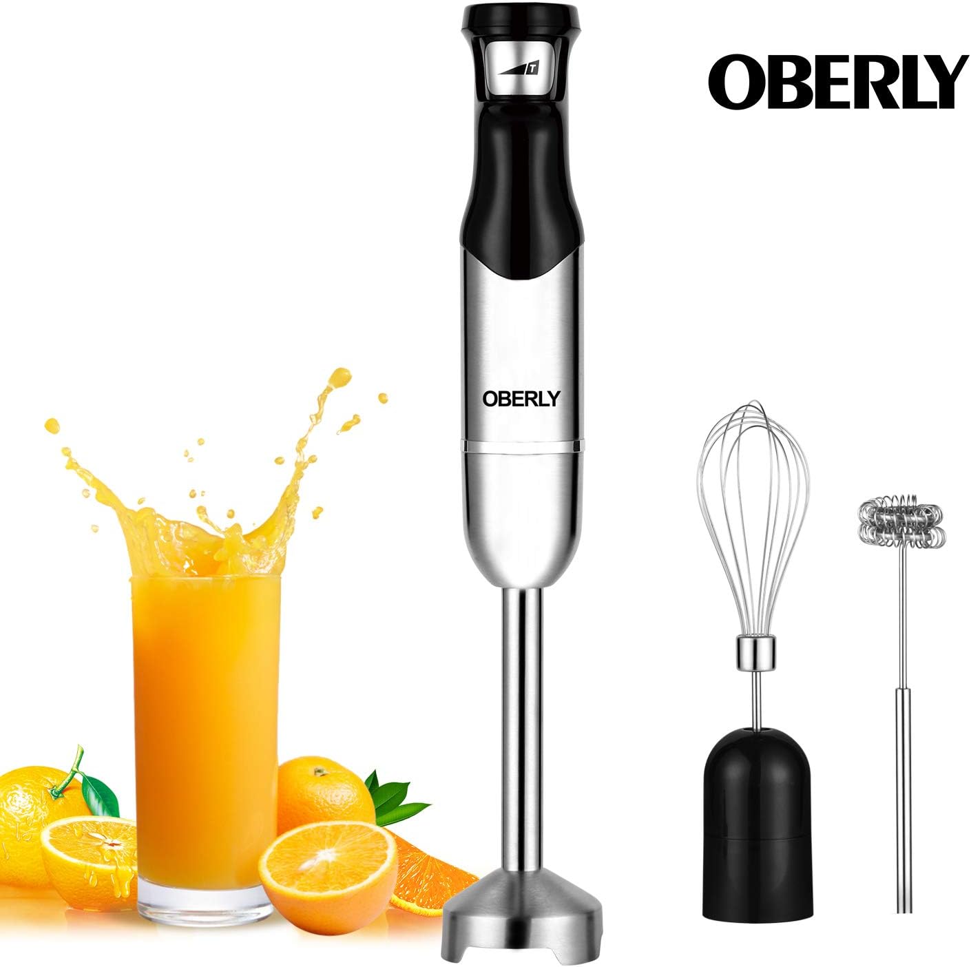 Immersion Hand Blender, OBERLY 3 in 1 Set 500 Watt Smart Stepless Speed Control Multi-Purpose Handheld Stick Blender, Heavy Duty Copper Motor Brushed Stainless Steel Finish With Whisk, Milk Frother Attachments: Kitchen & Dining