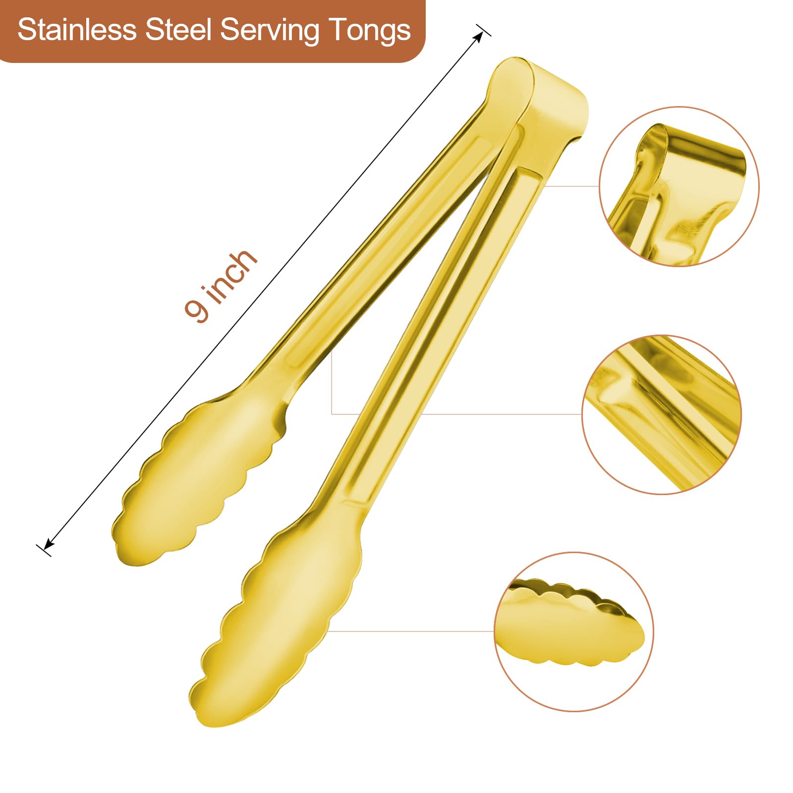 Gisly 6-Piece Gold Serving Tongs, Gold Serving Utensils, Stainless Steel Gold Plated Buffet Serving Tongs,Salad Buffet Tongs,9 Inch
