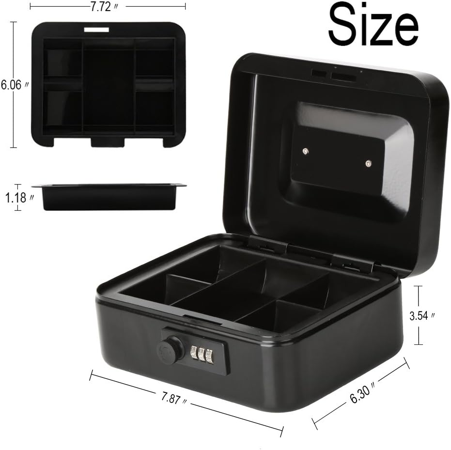 Parrency Cash Box with Combination Lock, Safe Metal Small Locking Box with Money Tray, 7 4/5" x 6 4/5" x 3 3/5", Black - Image 4