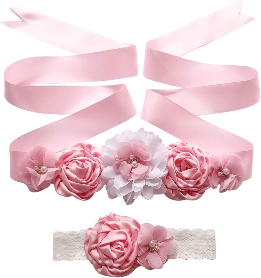 iSpchen Pack of 2 Maternity Flower Bride Dress Sash Belt Elastic Garland Adjustable Headband Baby Photography Props Beauty Accessories Elastic Garland Adjustable Pink