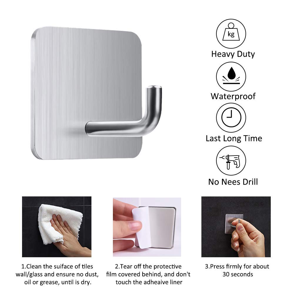 sunvito 4 Packs Wand Selbstklebend Handtuchhaken, Aufhängehaken aus Edelstahl 304 für Bad, Küche und Büro, Bademantelhaken, Key Hook, Handtuch