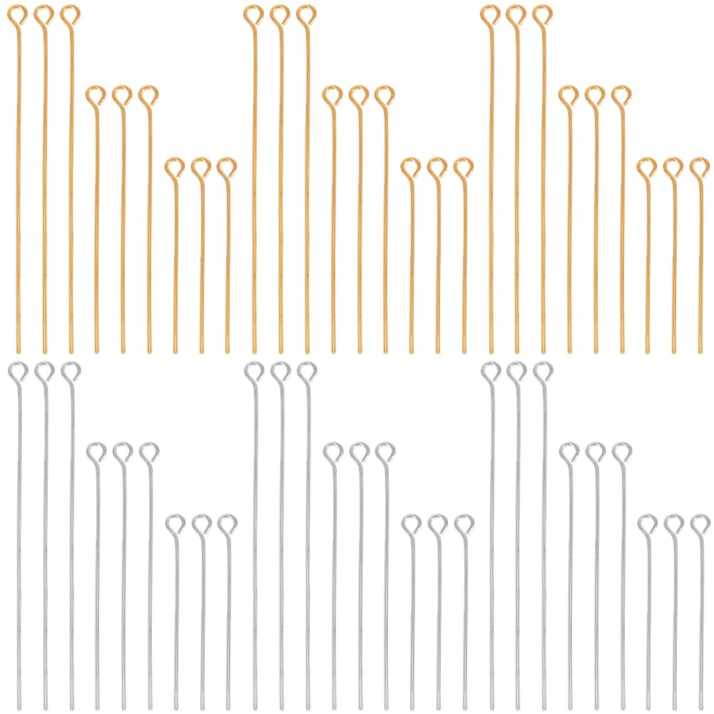 SOFPLATE 600Pcs 30mm 40mm 50mm Long Eye Pins Bulk Jewellery Making Supplies Silver & Gold 21 Gauge Brass Eye Straight Long Pins Finding for DIY Earring Bracelet Crafting Accessories