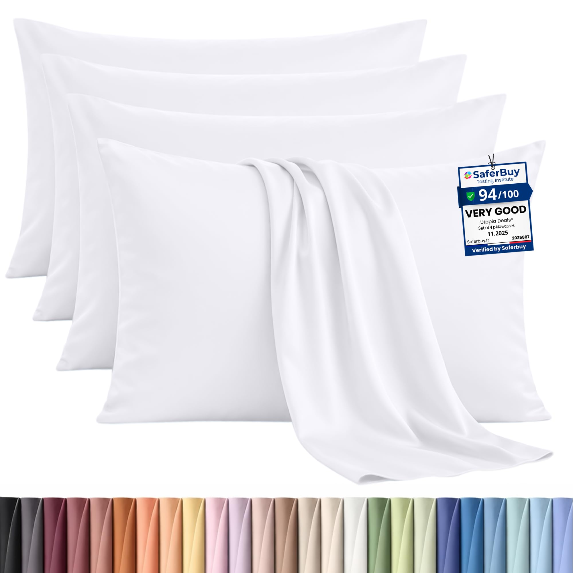 Utopia Bedding - 4 Pack Pillow Cases - OEKO-TEX - Standard Size 50x75 cm - 100% Brushed Microfiber Pillowcases with Envelope Closure, pillows not included - Wrinkle, Fade, & Stain Resistant - White