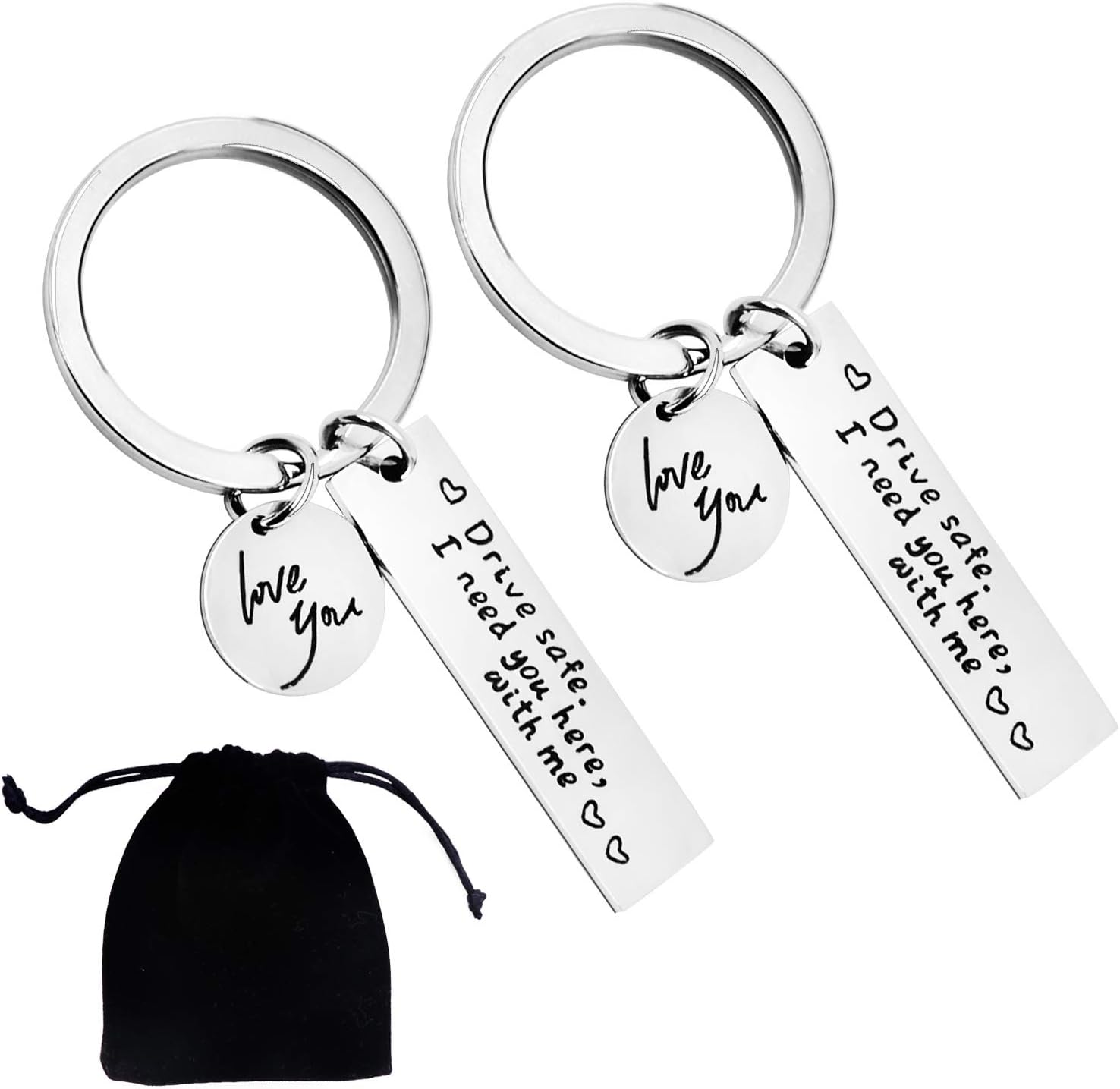 ESFUN2 Pack Drive Safe I Need You Here with Me Keychains,I Love You Keychain for Boyfriend Husband Dad Trucker Men Gifts on Valentines Day/Birthday/Anniversary, Stainless Steel