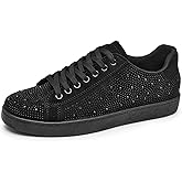 Men's Fashion Sneakers with Rhinestone and Sequin Decor Synthetic Leather Upper Non-Slip Rubber Sole Lace-Up Shoes for Casual Street Style (Black & White)