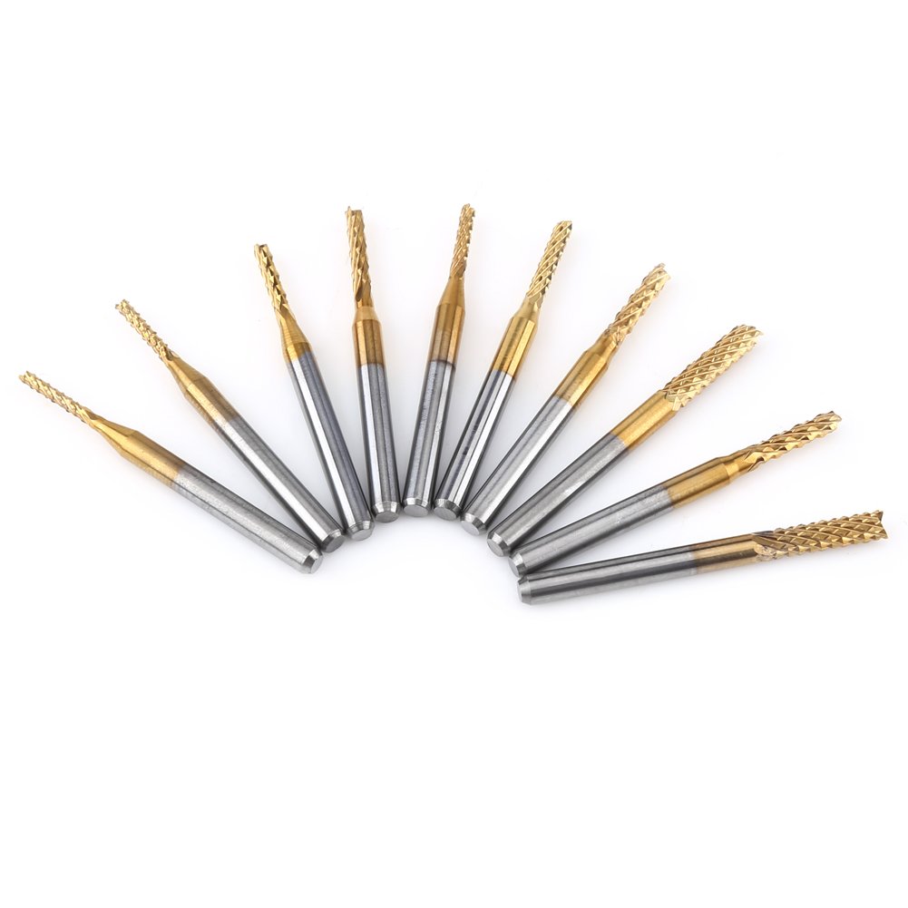 10Pcs Tungsten Carbide End Mill Titanium Coat 1.5mm-3.175mm Milling Cutter Engraving Bits CNC Rotary Burrs Set Ultra-Fine Grain Cemented Carbide Cutter Cutting Tool