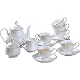 GuangYang 15-pcs Porcelain Tea sets for Adults, Off White Embossed Pattern with Gold Trim (A set Included 1 Teapot, 1 Sugar Bowl, 1 Cream Pitcher, 6 Cups and 6 Saucers)