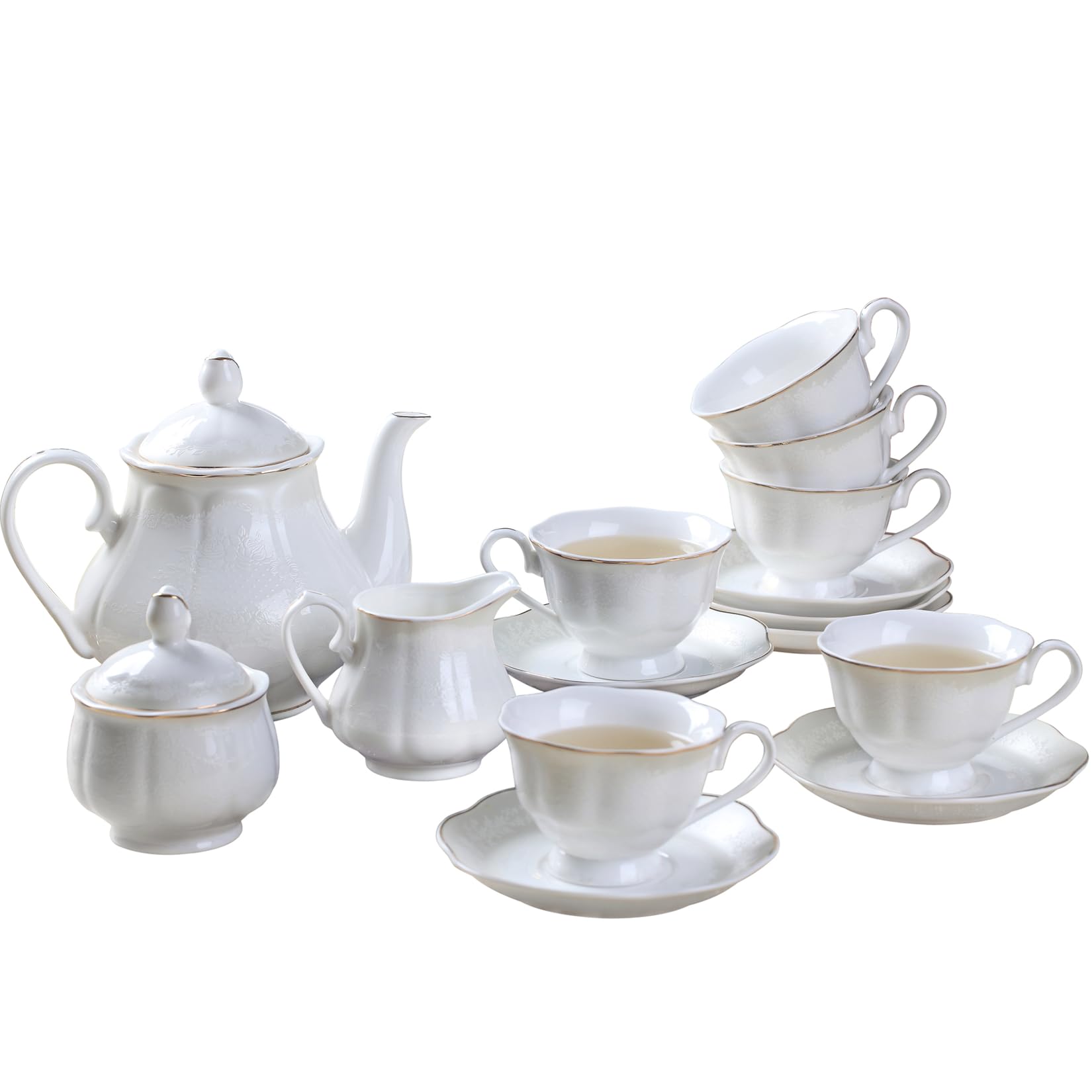 GuangYang Embossment Design Porcelain Tea Set with 1Teapot(1107ml) 1Milk Creamer (180ml) 1 Sugar Bowl(227ml) 6Cups(180ml) and 6Saucers 15Pieces…