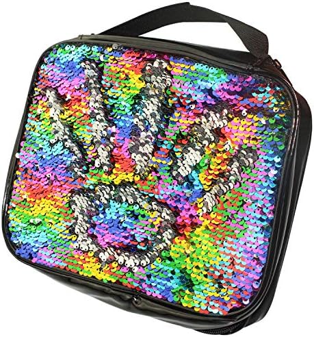 Mingdou Multicolored Insulation Lunch Box for Women and Kids, Sparkle Lunch Tote Box, Reversible Sequin Flip Color Change Fashion Lunch Tote, Cute Lightweight and Durable (Black, L25 H20 W7 CM)