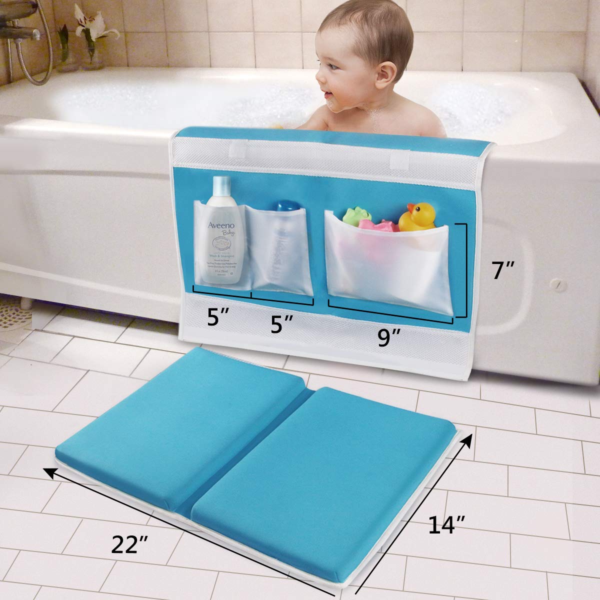 Bath Kneeler with Elbow Rest Bathtub 1.5" Thick Kneeler Mat with Toy Organizer - Bath Kneeling Pad for Baby Bath Time - Detachable and Foldable Child Bath Tub Pad for Parents- Blue : Baby