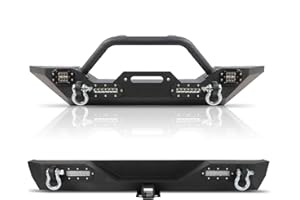 Partree Off-road Front and Rear Bumper Combo Fits for Jeep Wrangler TJ YJ 1987-2006, w/Winch Plate 2" Hitch Receiver D-Rings and Lights Carbon Steel Front and Rear Bumper Powder Coated Textured Black