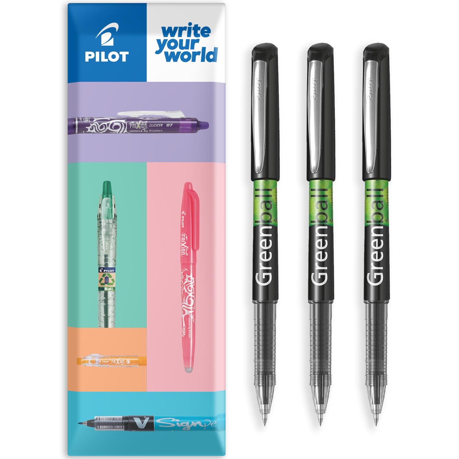 PILOT GreenBall Liquid Ink Rollerball Pen - Begreen Range 89% Recycled - Pack of 3 Pens - Medium 0.7mm Nib - Ideal for Writing, School, Home, Revision, Office - In Envelope Gift Packaging (Black)
