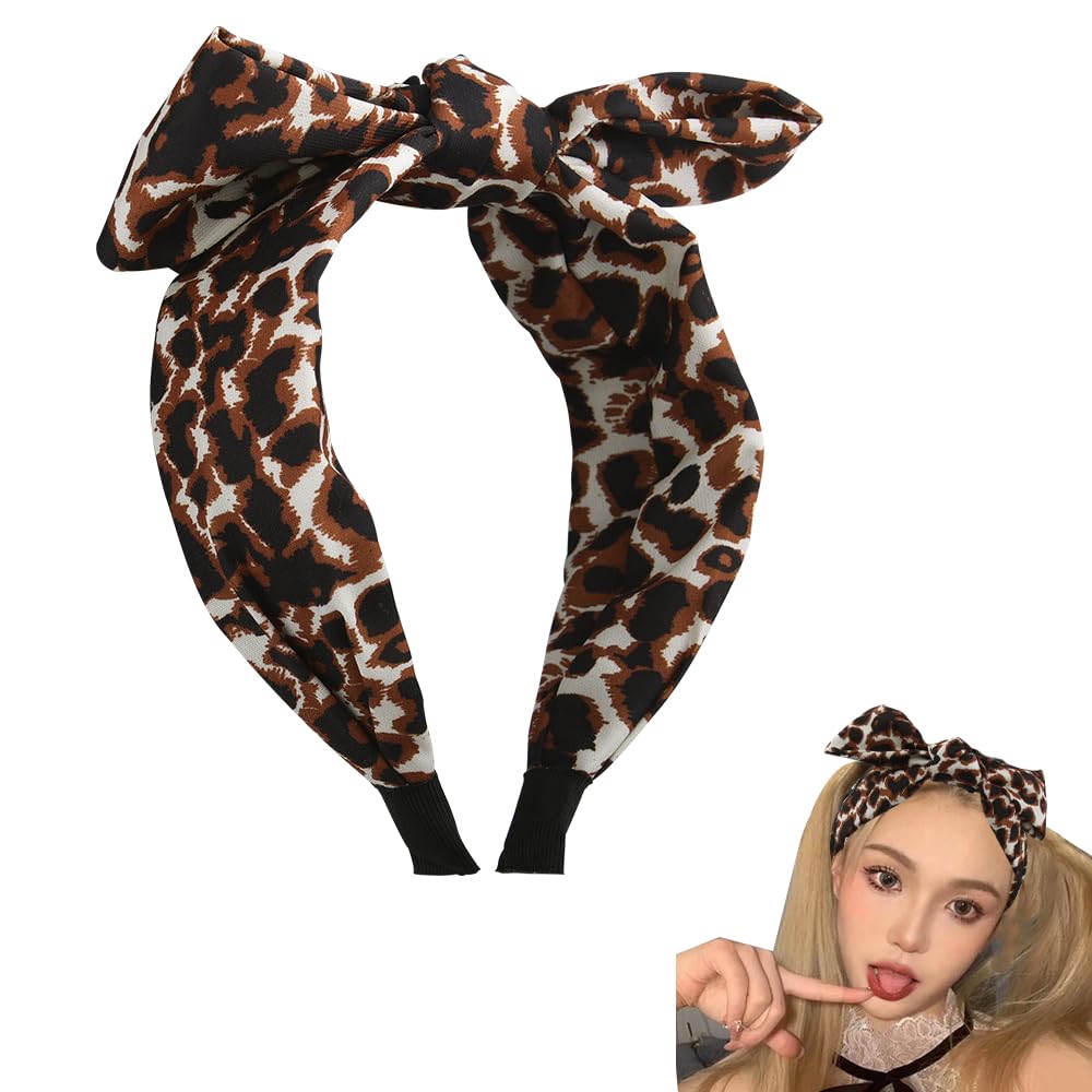 Cheetah Leopard Print Bow Headband for Women Leopard Print Hair Bow for Women's Hair Wide Top Knot Cheetah Print Hair Band for Women Cosplay Halloween Costume Accessories Leopards Hair Bow