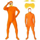 TICIFEN 2 Pcs Orange Jumpsuit Costume Adult Yellow Mustache and Eyebrows Bodysuit for Men Halloween Party Dress up