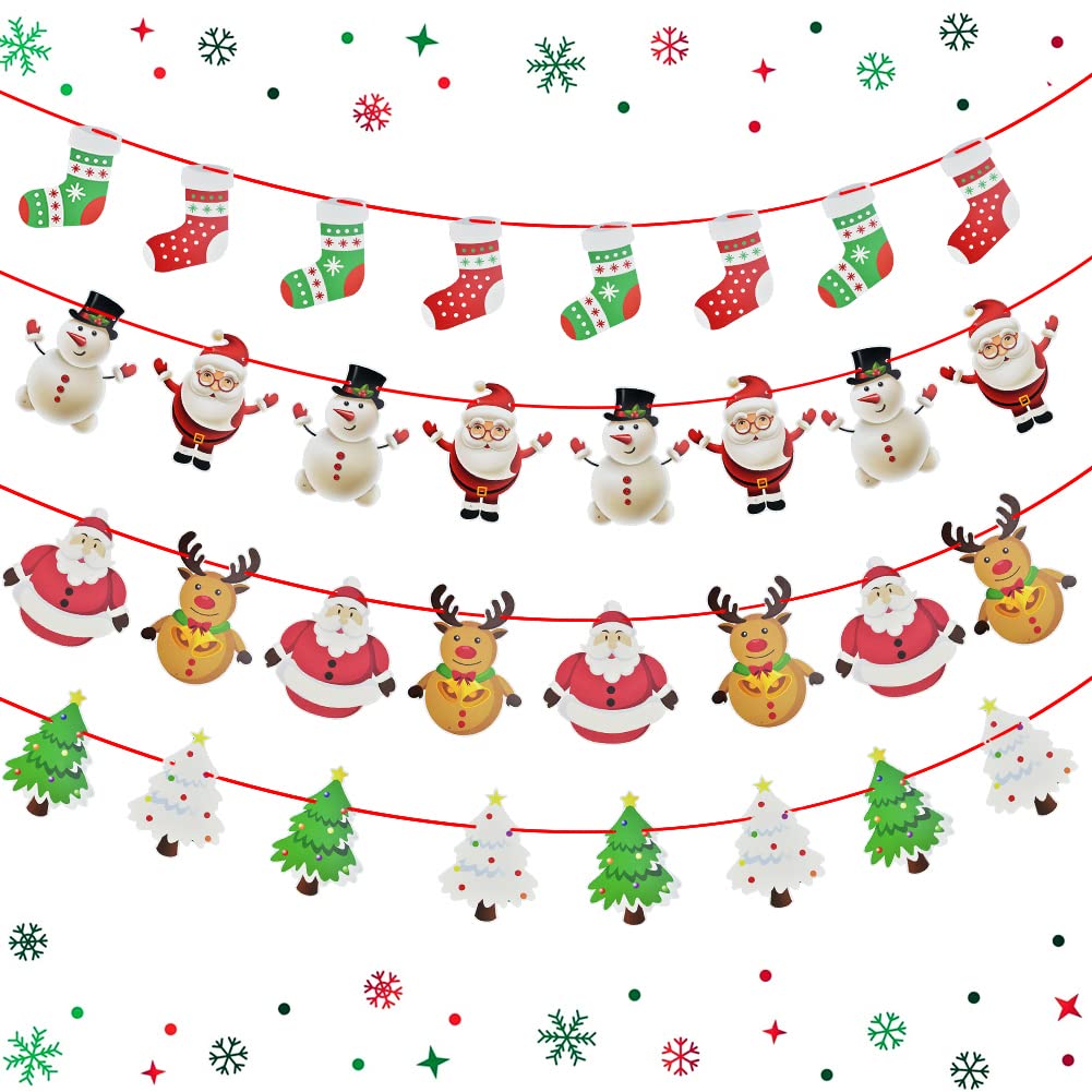 QUCUMER 4 Pcs Christmas Hanging Banner Christmas Decorations Hanging Bunting Garland Santa Claus Banner Christmas Reindeer Bunting Christmas Tree Hanging Paper Banners for Xmas Window Fireplace Decor