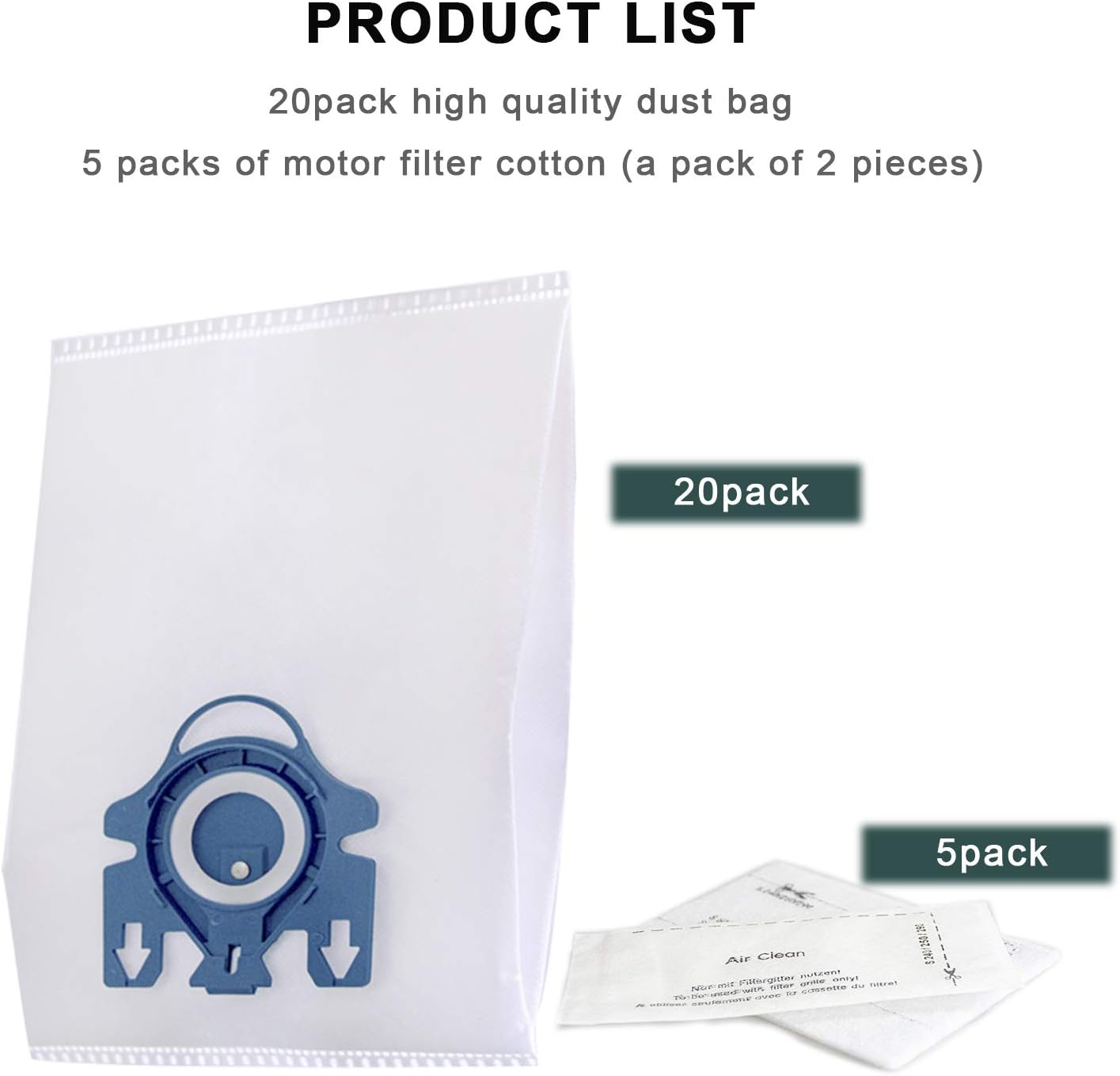 BIHARNT Replacement Airclean GN 3D Bags Compatible with Miele S2, S5, S8, Classic C1, Complete C2 and Complete C3 Series Canister Vacuum Cleaner (20 Pack Dust Bags + 5 Set Filters): Home & Kitchen