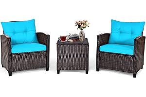DORTALA 3 Pieces Patio Furniture Set, Outdoor Wicker Rattan Conversation Sofa Set with Cushion, Tempered Glass Top Table for 