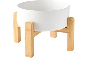 Welloyed 8'' Ceramic Raised Dog Bowl - 70Oz Dog Food & Water Bowl with Elevated Non-Slip Bamboo Stand, Dishwasher & Microwave Safe, Anti Vomiting Heavy Duty Pet Bowl for Medium and Large Dogs, White