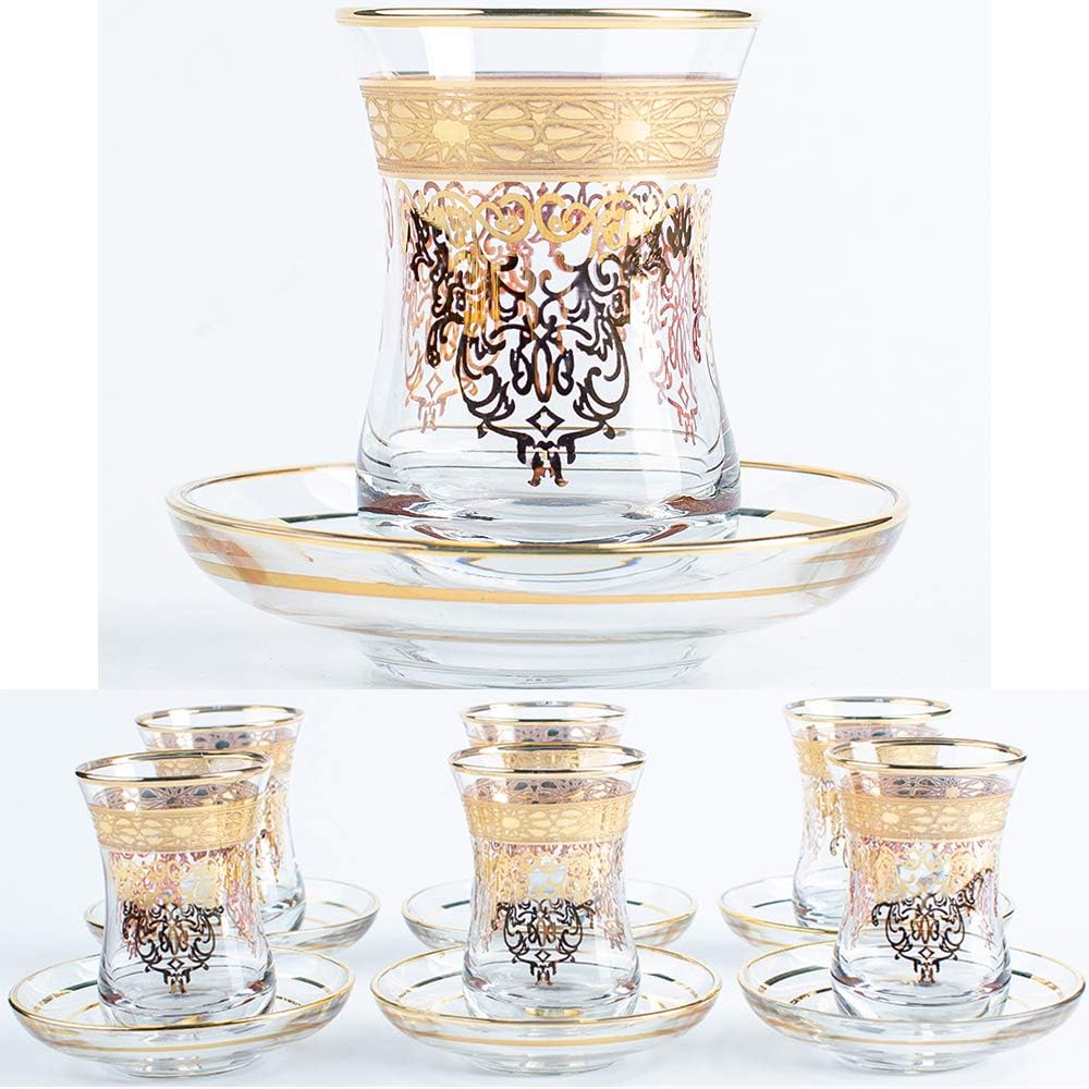 Glass Turkish Tea Cups Set of 6 and Saucers with Arabic Ottoman Decors