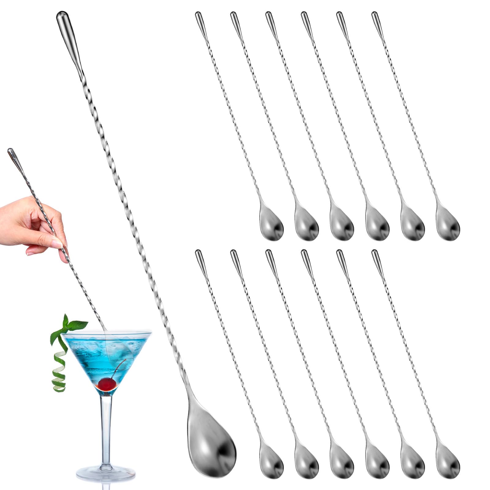 Photo 1 of 12 Pcs 12 Inches Bar Spoons Stainless Steel Mixing Spoons Spiral Pattern Long Drink Stirrer for Cocktail Shaker, Silver