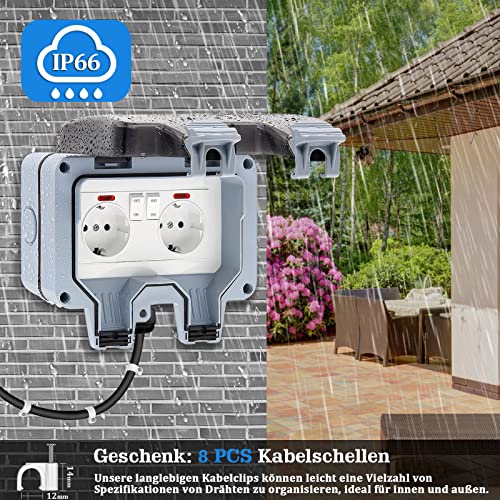 Outdoor Socket IP66 Waterproof Socket with Switch Indicator Light, Wall Socket Wet Room Surface-Mounted Protective Contact Garden Socket Dustproof Weatherproof Outdoor Socket with Hinged Lid