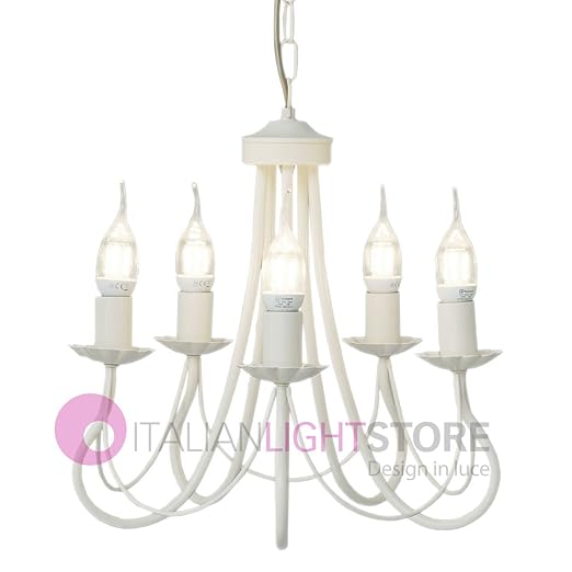 title=Vienna Lampadario Candelabro 5 Luci Laccato Bianco Stile Rustico Shabby Chic