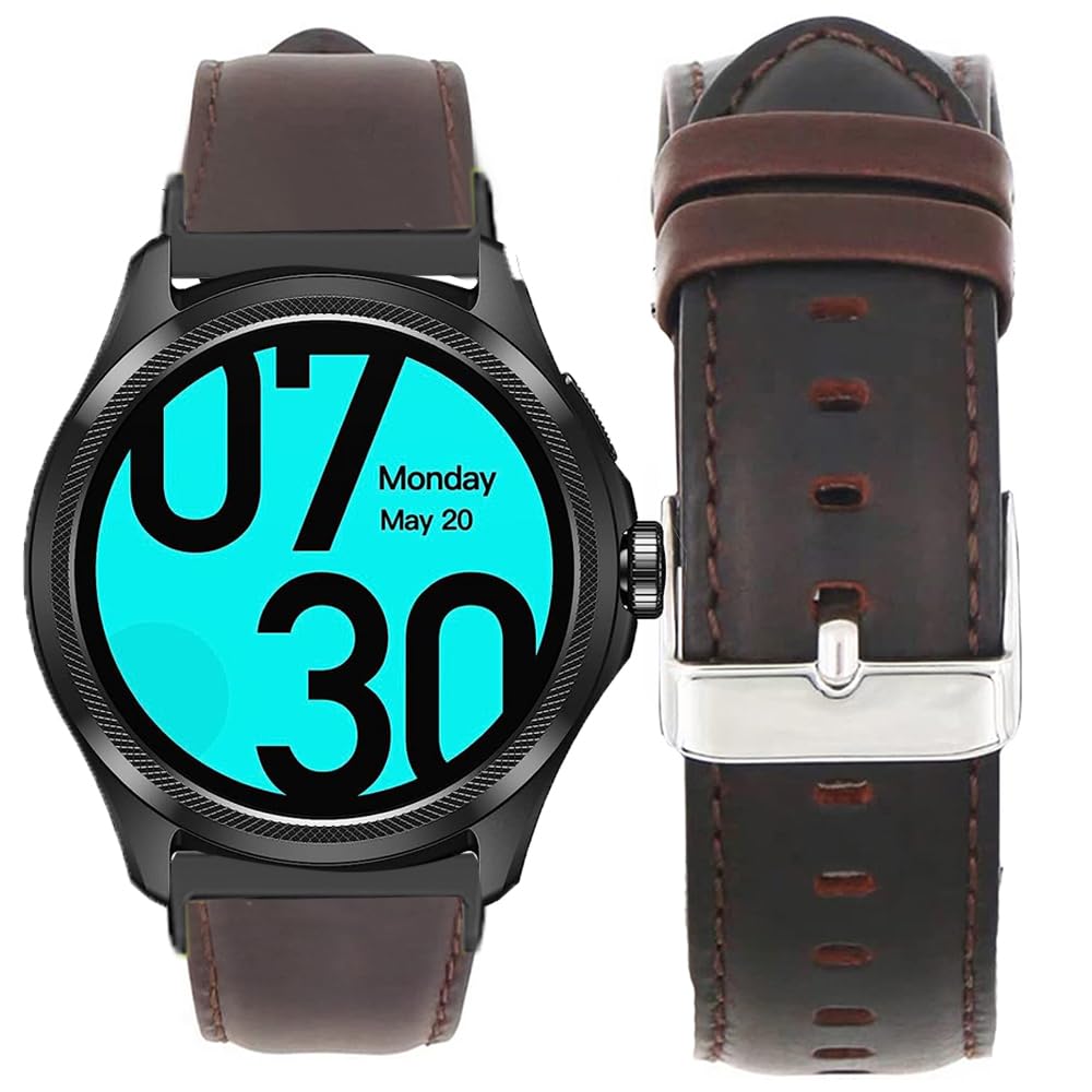 Compatible for Ticwatch Pro 5 Smartwatch Bands,Blueshaweu 24mm Leather Silicone Breathable Replacement Smartwatch Strap Wristband Compatible with Ticwatch Pro 5 Android Smartwatch (Crazy Horse-Coffee)