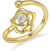 ASDULL Valentines Day Gifts for Women – 14K Gold Plated Adjustable Rose Flower Ring Open Band Elegant Dainty Zircon Jewelry Gift for Her