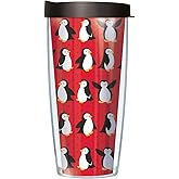 Signature Tumblers Playful Penguins Wrap on Red 16 Ounce Double-Walled Travel Tumbler Mug with Black Easy Sip Lid