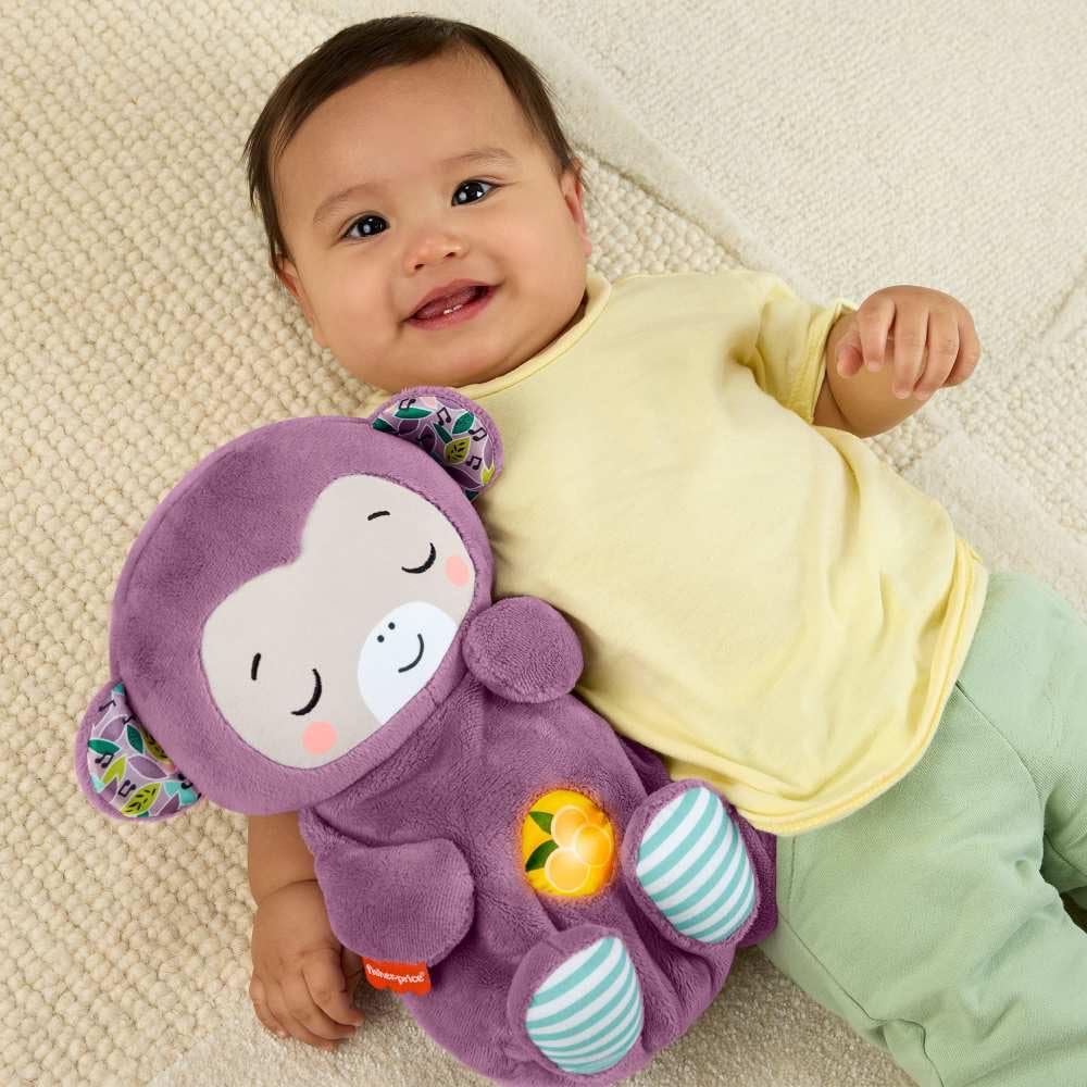 Fisher-Price Baby-Spielzeug Lila Schlummer-Affe, tragbare Plüsch-Spieluhr mit Atembewegungen und Lichtern für Neugeborene ab einem Alter von 0 Monaten, JLH41 8