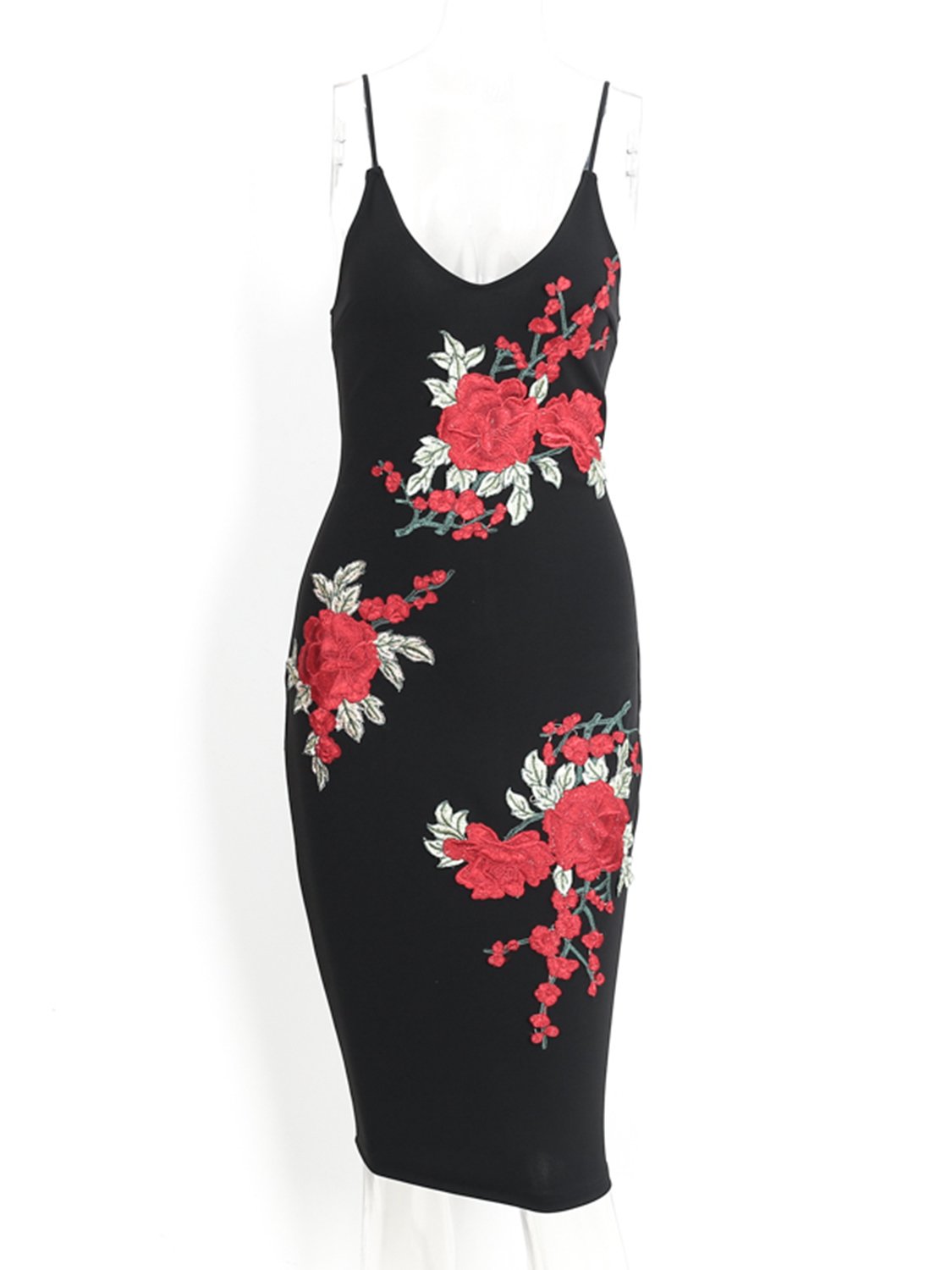 Berrygo Women's Vintage Sleeveless Backless V Neck Spaghetti Strap Floral Embroidered Bodycon Party Cocktail Midi Dress Black Embroidery