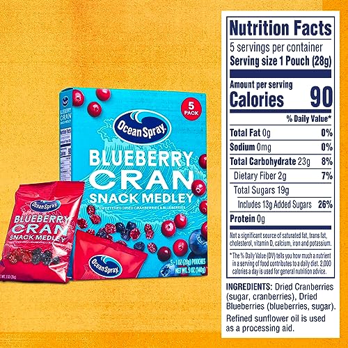 OCEAN SPRAY® BLUEBERRY CRAN™ SNACK MEDLEY, CRANBERRY AND BLUEBERRY DRIED FRUIT SNACK, 1 OZ POUCHES, 5 COUNT