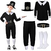Patelai 5 Pcs Thanksgiving Day Pilgrim Boy Costume Shirt Trousers Cap Socks Belt Children Colonial Pilgrim Outfit Cosplay