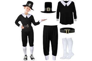Patelai 5 Pcs Thanksgiving Day Pilgrim Boy Costume Shirt Trousers Cap Socks Belt Children Colonial Pilgrim Outfit Cosplay