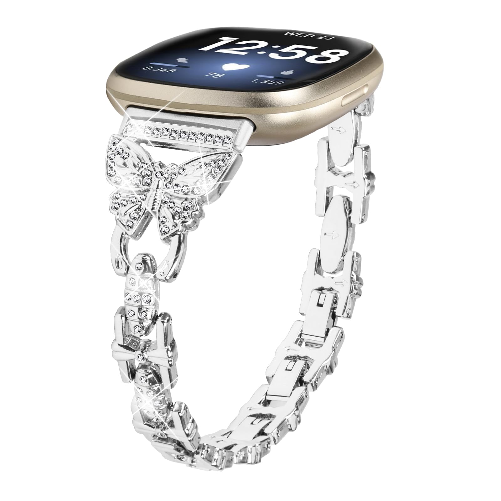 Gimuk Straps Compatible with Fitbit Versa 4/Sense 2 Strap for Women, Metal Stainless Steel Wristband Adjustable Bling Diamond Replacement Strap Band Bracelet for Fitbit Versa 3/Sense (Silver)