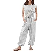 Flygo Womens Casual Jumpsuit Crewneck Cap Sleeve Long Wide Leg Pants One Piece Outfits Drawstring Romper with Pockets