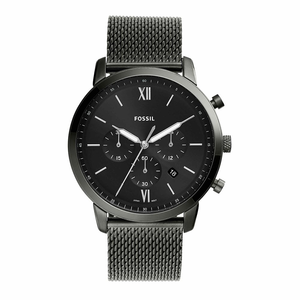Fossil Watch for Men Neutra Chrono, Chronograph Movement, 44 mm Smoke Stainless Steel Case with a Stainless Steel Mesh Strap, FS5699