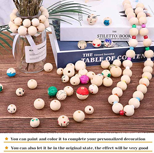 Wooden Beads, Wooden Beads for Crafts,300pcs 18mm Natural Wood Beads with 10m Twine, Unfinished Wooden Beads Wooden Balls for Garland, Making and DIY Crafting