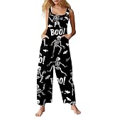 Womens Skull Overalls, Halloween Linen Skeleton Jumpsuits Loose Rompers
