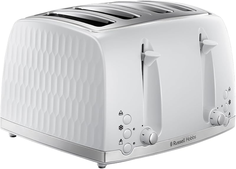 Russell Hobbs Honeycomb 4 Slice Toaster White Textured 1500W 6 Browning