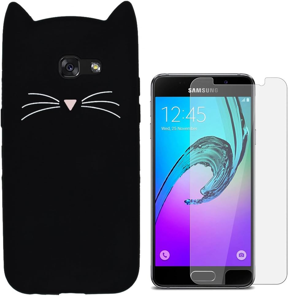 Hcheg 3D Silicone Protective Case Cover for Samsung Galaxy A3 (2016) Cover cat Design Black Case Cover + 1X Screen Protector