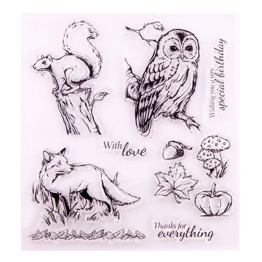 Thanks Thinking of You Squirrel Nuts Owl Wolf Mushroom Clear Stamps for Card Making Decoration and DIY Scrapbooking