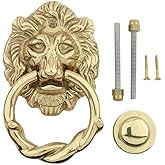 Renovators Supply Solid Brass Lion Door Knocker Polished Brass 6-1/4 in. | Solid cast brass | Lion ring knocker | Bright brass | 6-1/4" H x 3-5/8" W | Doors up to 2-1/4" | Hardware included