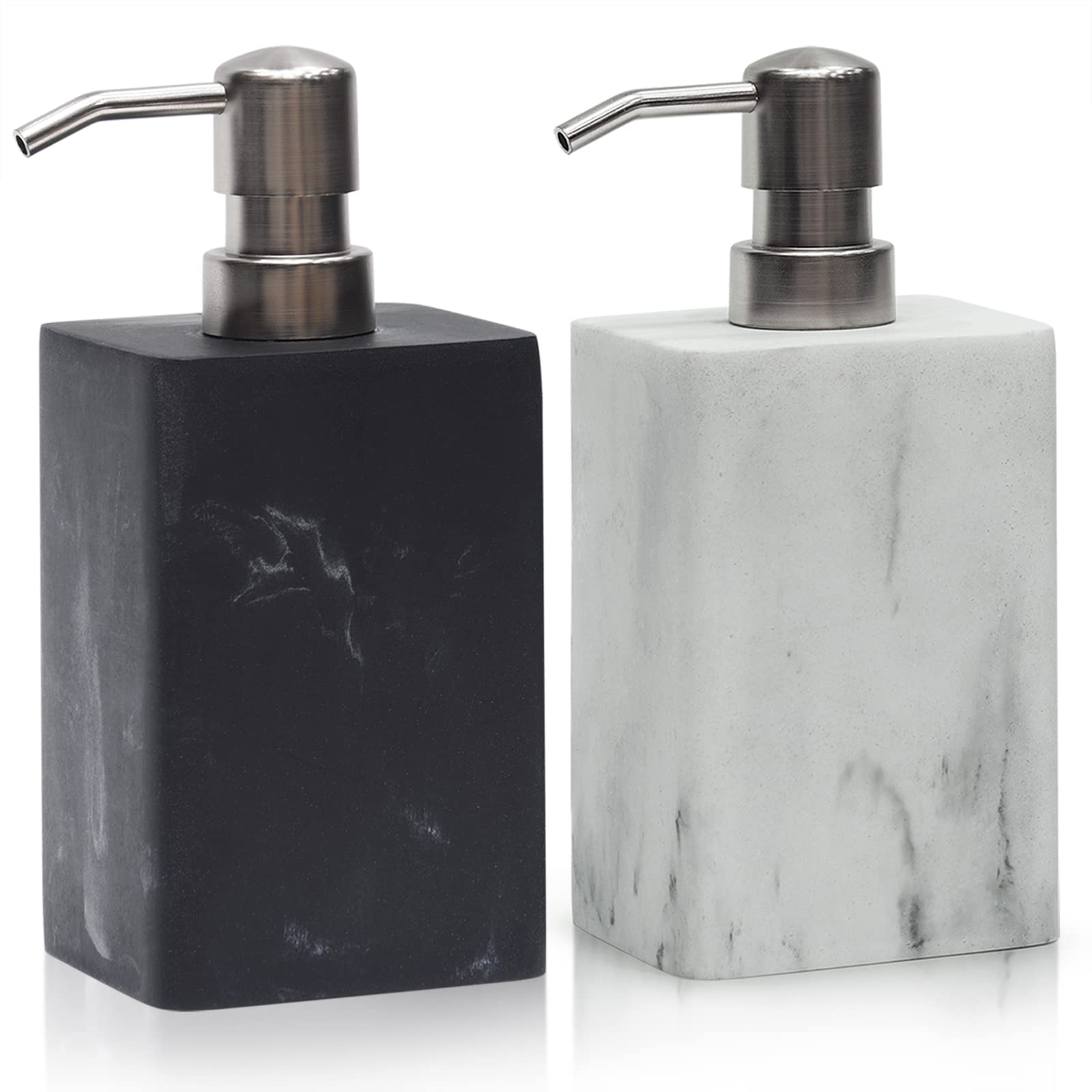 Suanti Bathroom Soap Dispenser Set 2Pcs White&Black Marble Style With Rust-Free Silver Pump,Decorative Resin Liquid Pump Bottle for Hand Soap Lotion Refillable Square Kitchen Dish Soap Dispenser-450ml